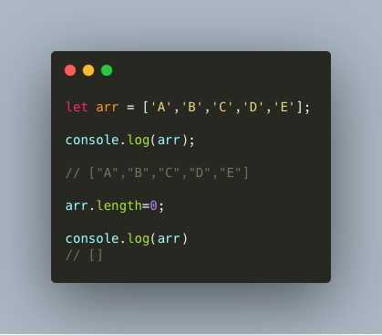 Screenshot of code showing how to empty array in Javascript