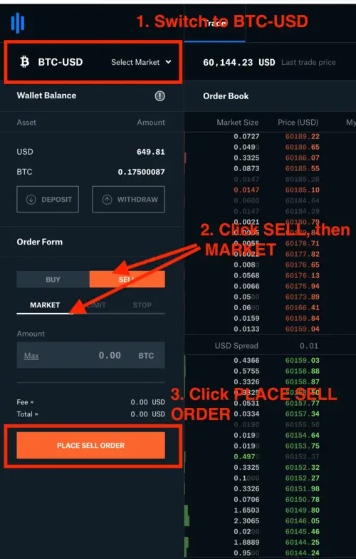 Screenshot of how to sell BTC on coinbase pro