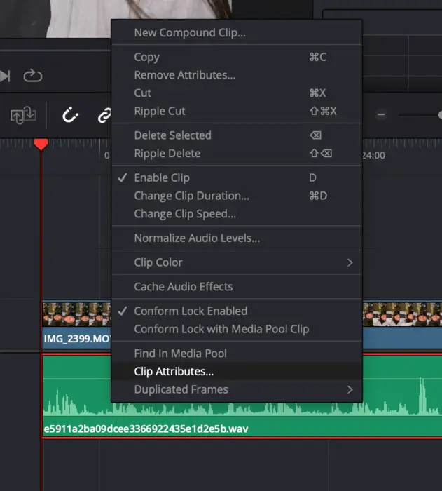 Screenshot of Clip Attributes in Davinci Resolve