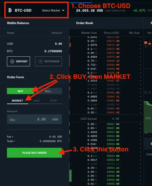 Screenshot of how to buy BTC on coinbase pro