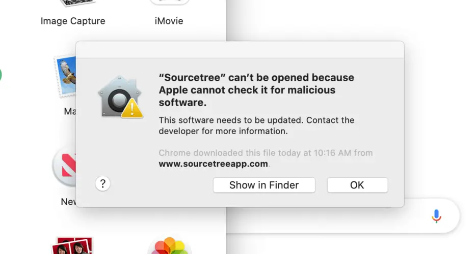 Screenshot showing the following message: 'Program' can't be opened because Apple cannot check it for malicious software. This software needs to be updated. Contact the developer for more information