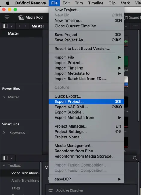 Screenshot showing DaVinci file -> Export project