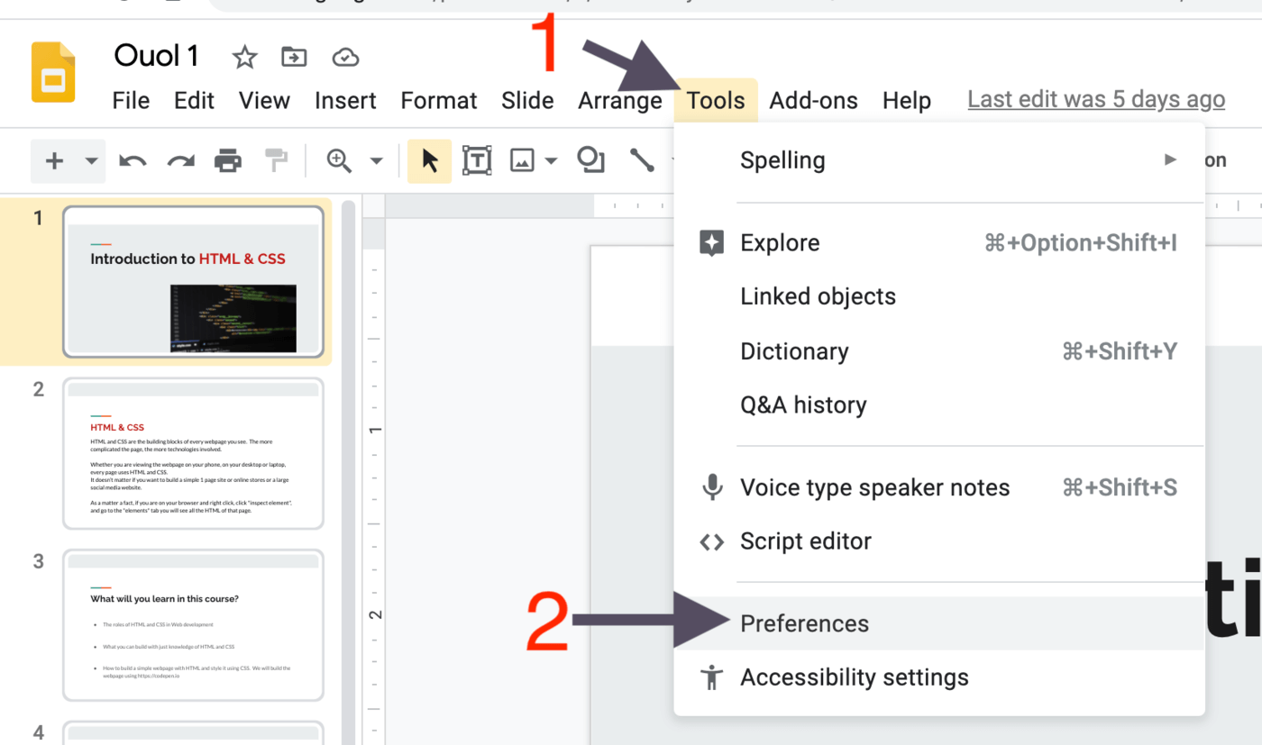Screenshot of how to turn off smart quotes on google slides - part 1