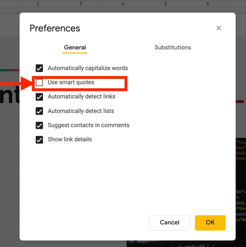Screenshot of how to turn off smart quotes on google slides - part 2.