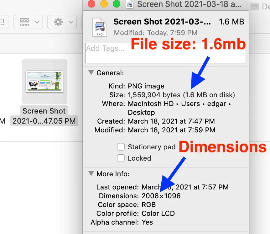 Screenshot of info about an image