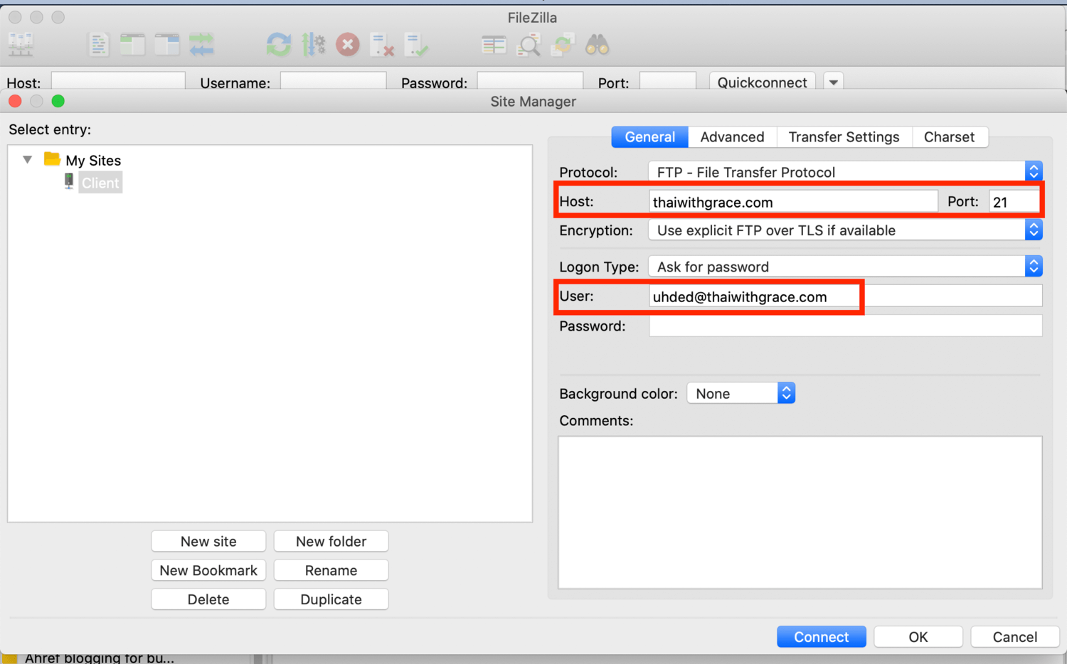 Screenshot on how to conect to your FTP account using FileZilla