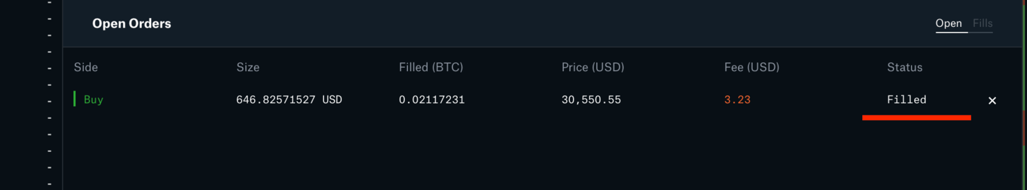Screenshot of a filled order on coinbase pro