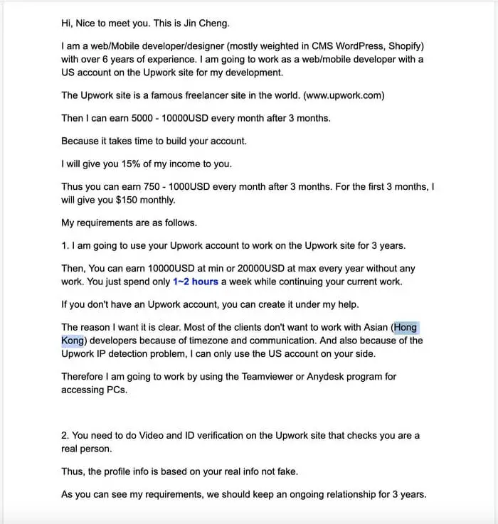 Screenshot of the fiverr scam to make an upwork account