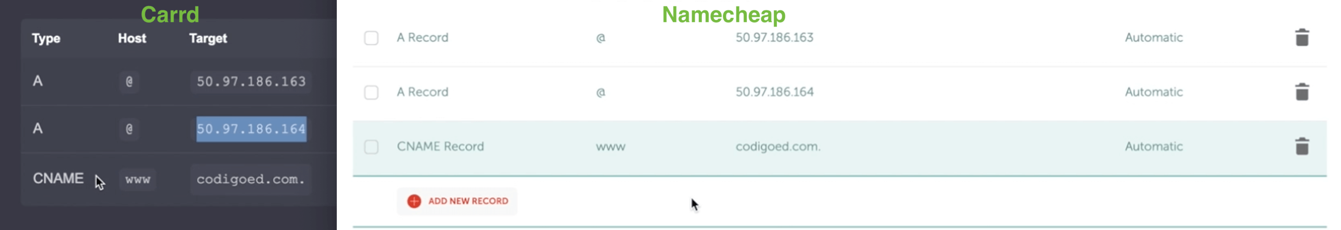 Screenshot showing how to insert the carrd values into namecheap for a custom domain