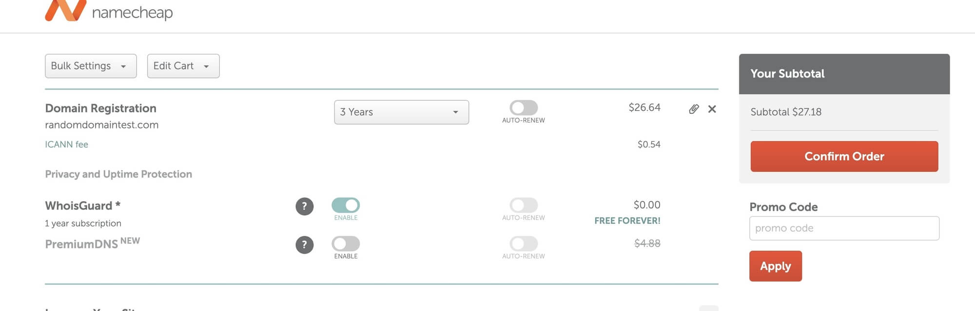 Screenshot of Namecheap pricing