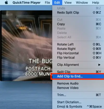 Screenshot on how to add a clip to the end using Quicktime
