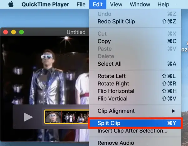 Screenshot on how to split clip using Quicktime