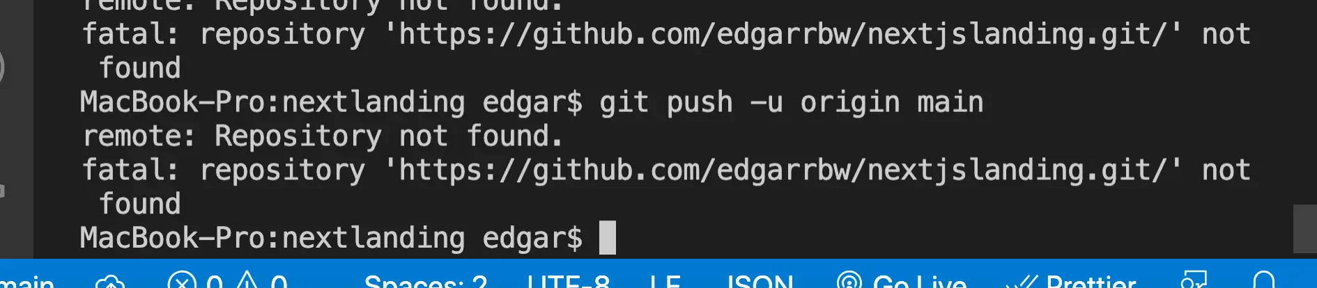 Screenshot of Git Github error: fatal: repository 'https://github.com/user/repo.git/' not found