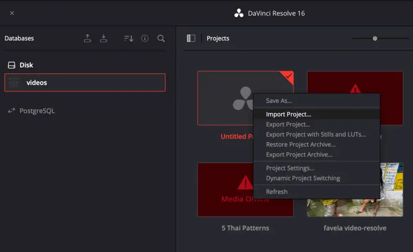 Screenshot showing Davinci import project