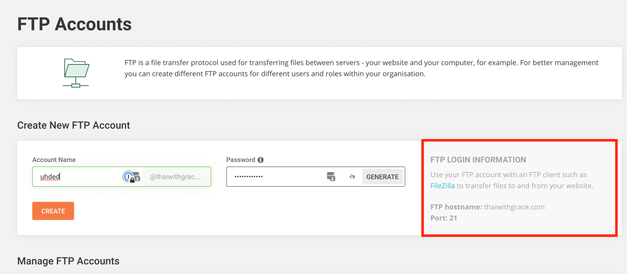 Screenshot on how to create FTP Accounts in SiteGround