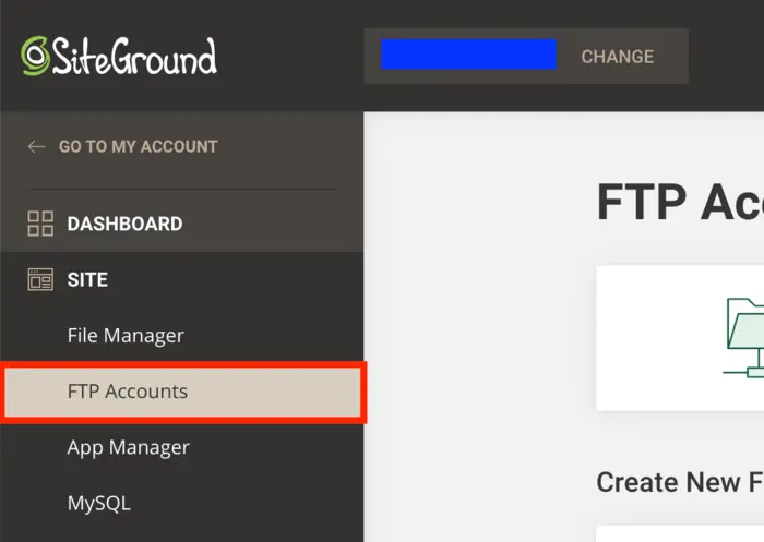 Screenshot on how to find FTP Accounts in SiteGround
