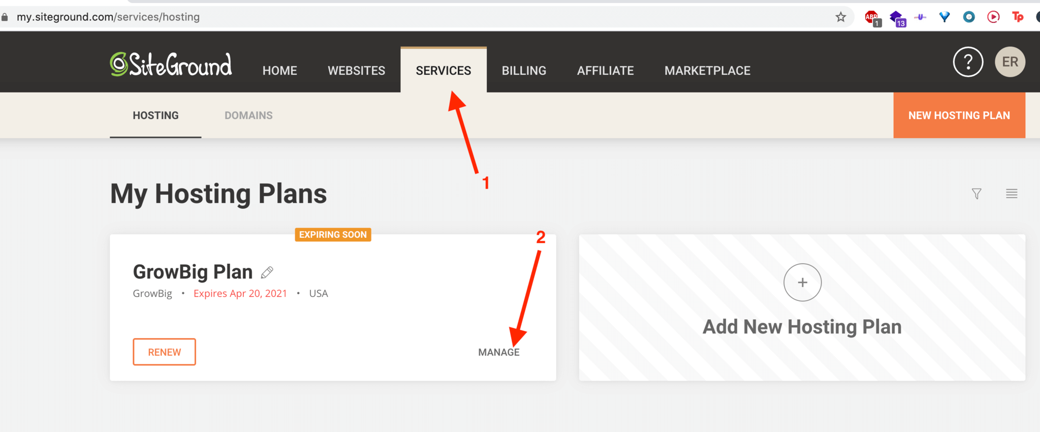 Screenshot on how to cancel SiteGround hosting - part 1.