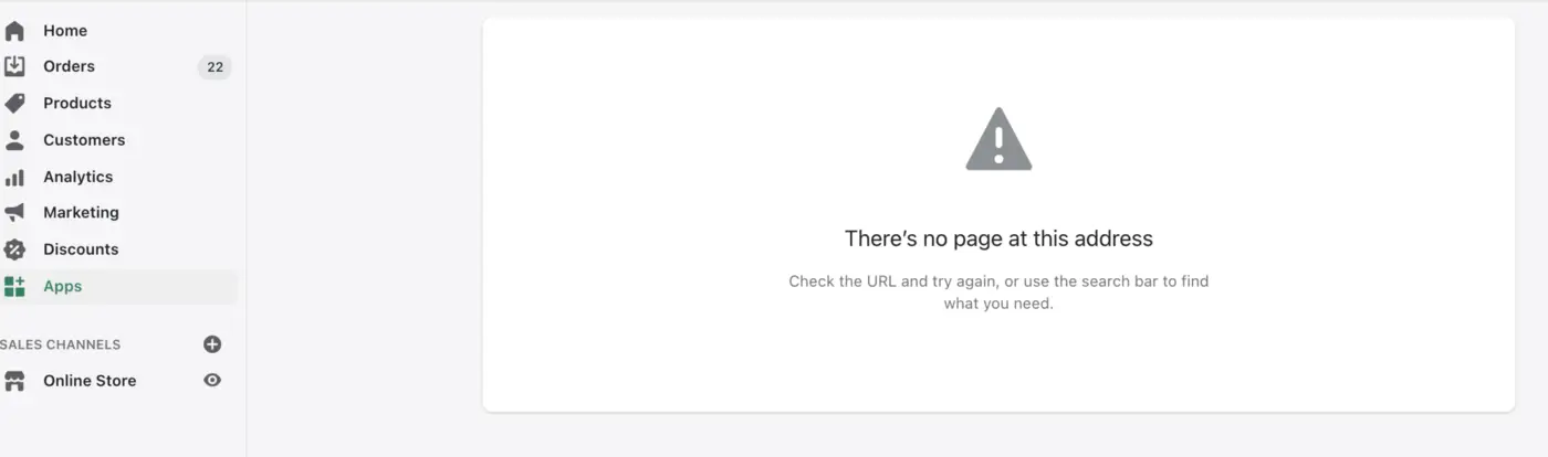 Screenshot of There's no page at this address shopify app bridge error
